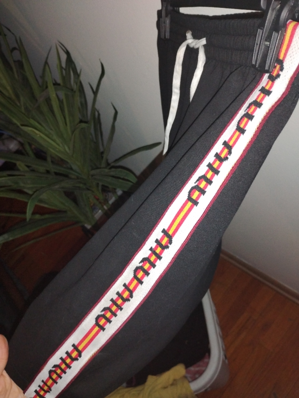 Miu Miu Black Mini Skirt with White Drawstring and Red Side Stripe